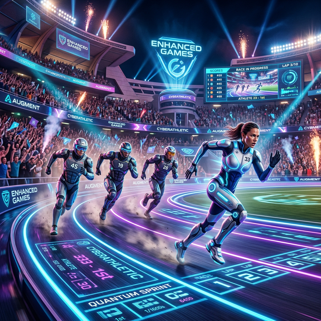 Four athletes in cybernetic suits sprinting on a glowing track in a futuristic stadium with cheering crowd.