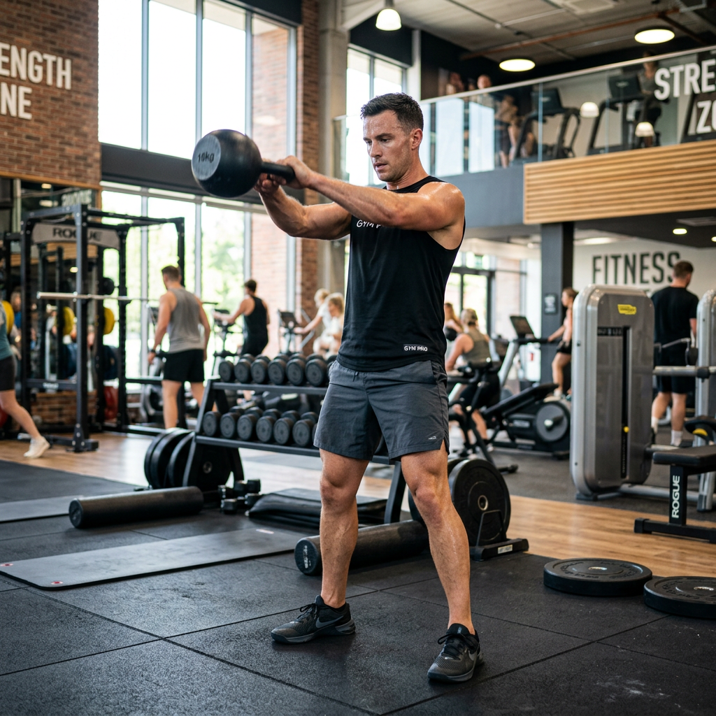 Man swinging a kettlebell in a gym fitness area